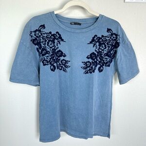 Zara Light Blue Top with Navy Blue Embroidery